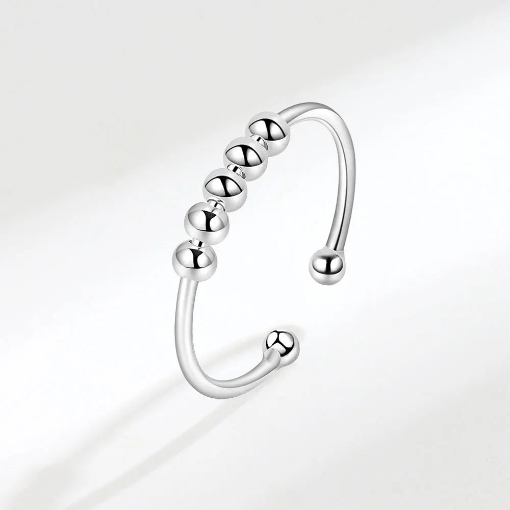 Sterling Silver Fidget Bead Ring – 925 Adjustable Glossy Open Band (5–10 Beads Options)