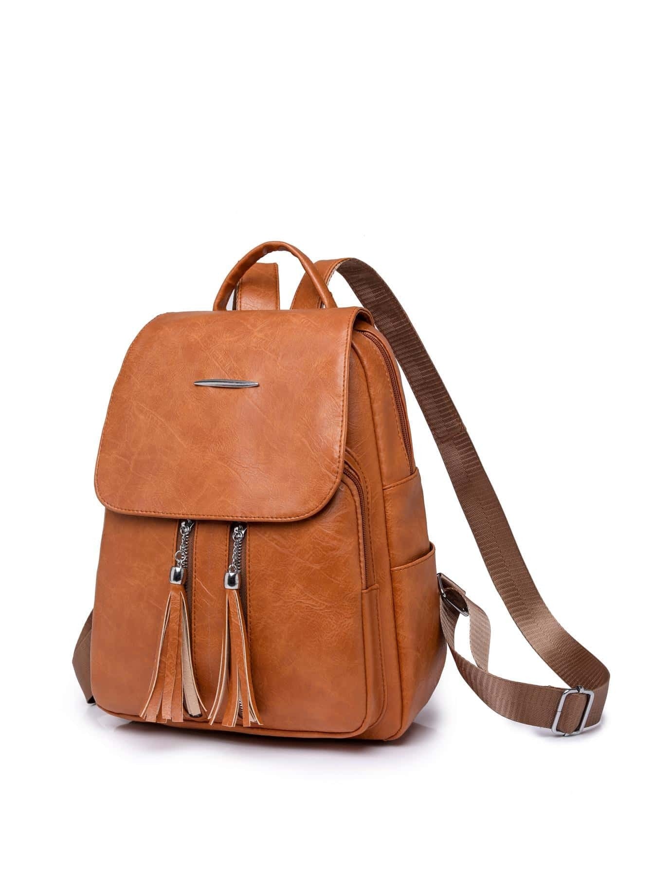 Tassel Flap Backpack | Mocha Brown Minimalist Carryall