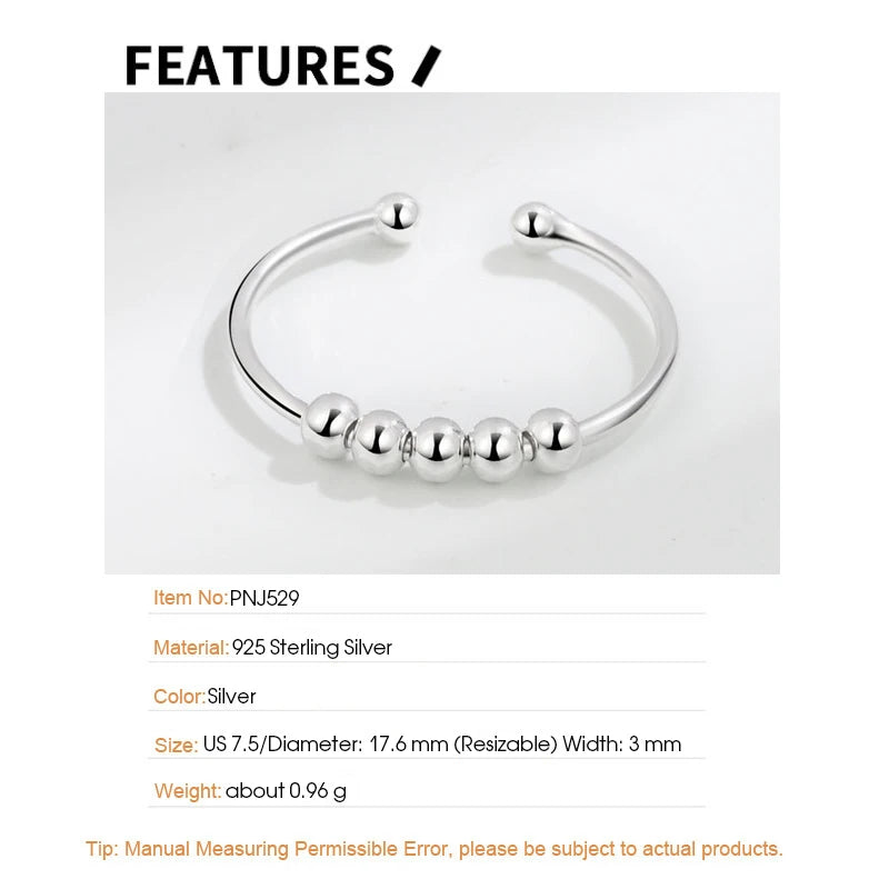 Sterling Silver Fidget Bead Ring – 925 Adjustable Glossy Open Band (5–10 Beads Options)