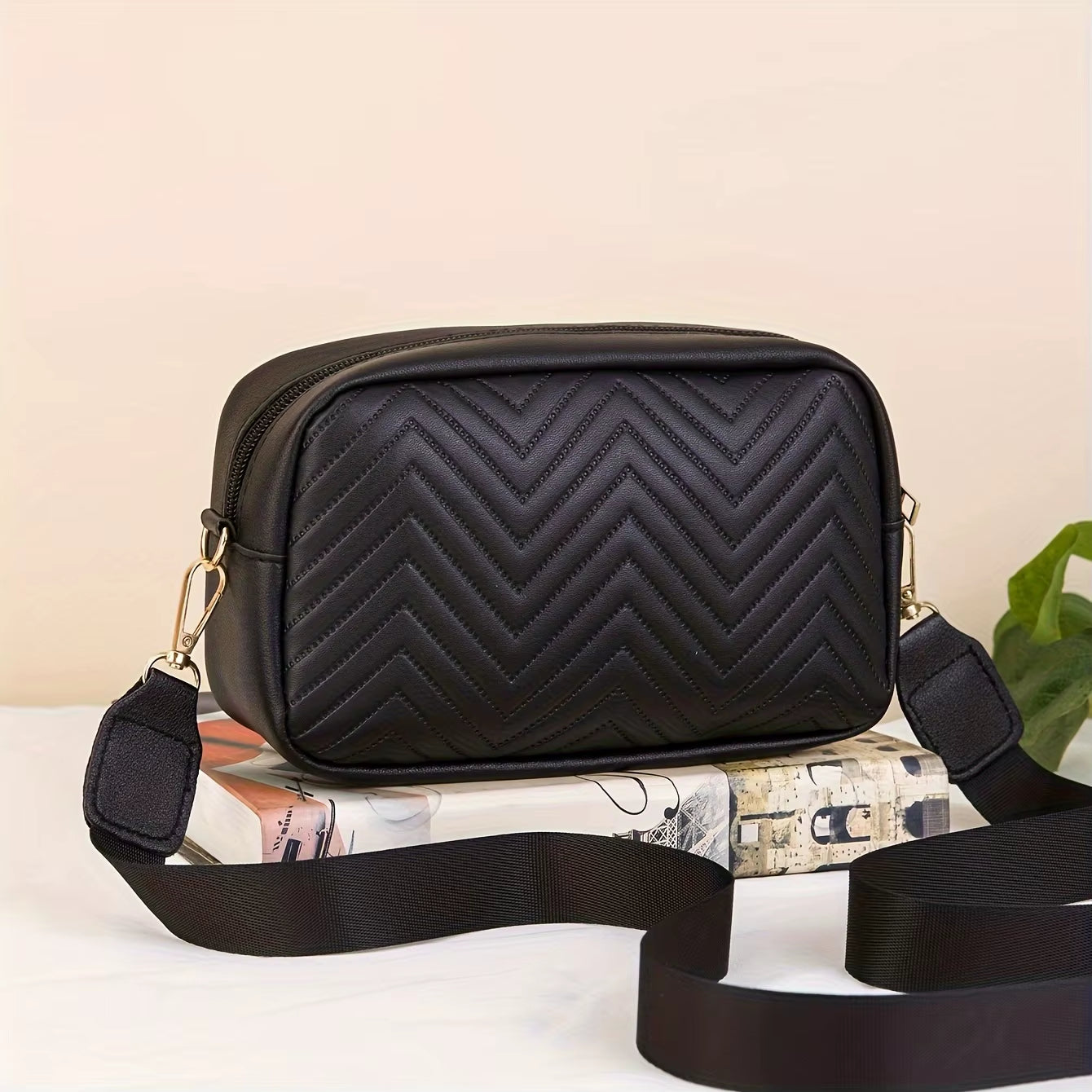 Minimalist Chevron Crossbody Wallet | Quilted PU Bag in Monochrome Duo