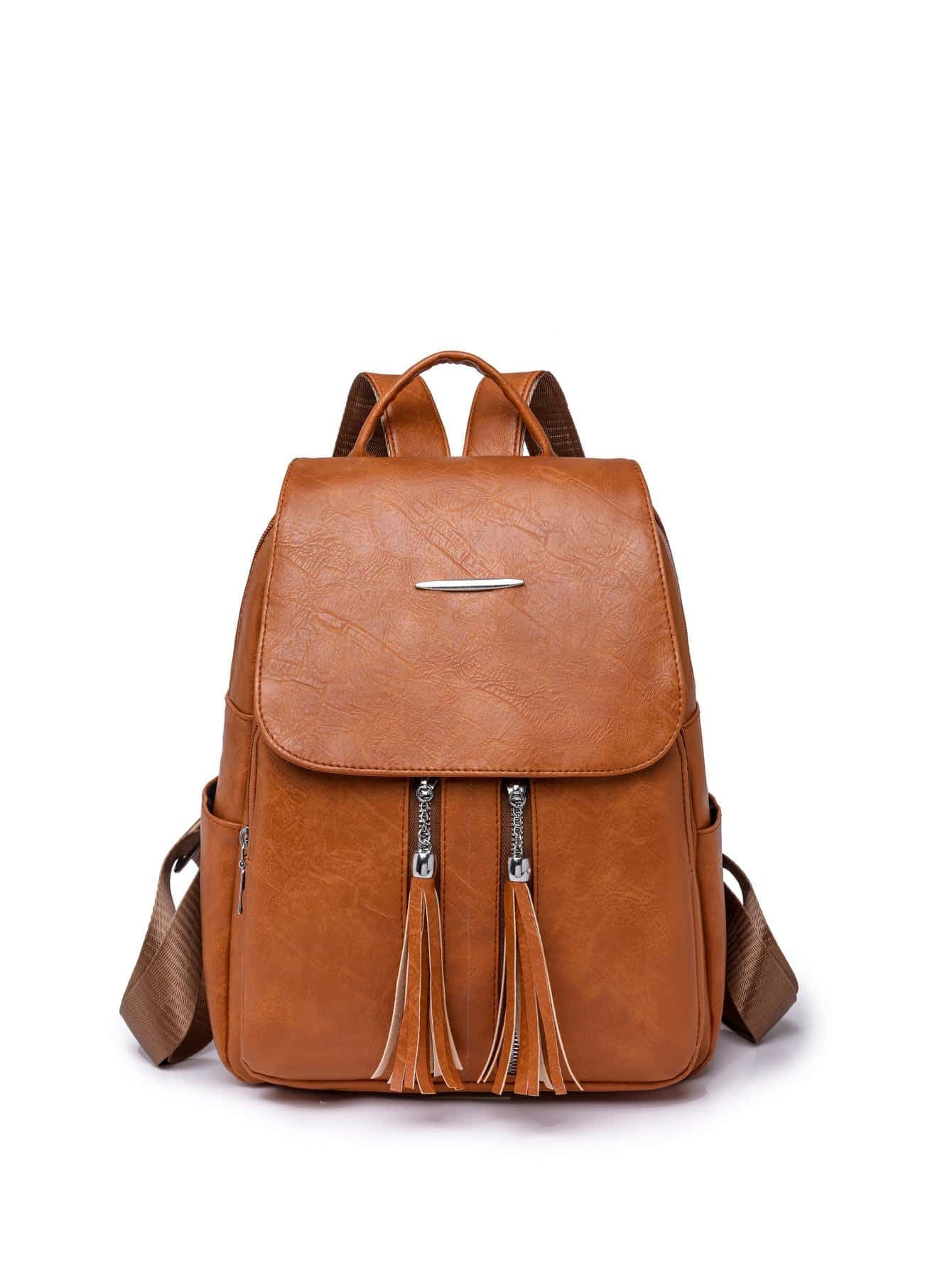 backpack brown faux leather flap top wide straps Tassel Flap Backpack