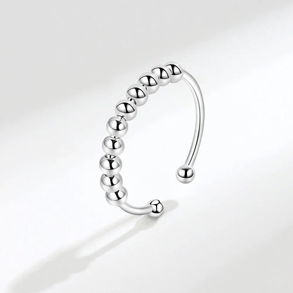 Sterling Silver Fidget Bead Ring – 925 Adjustable Glossy Open Band (5–10 Beads Options)
