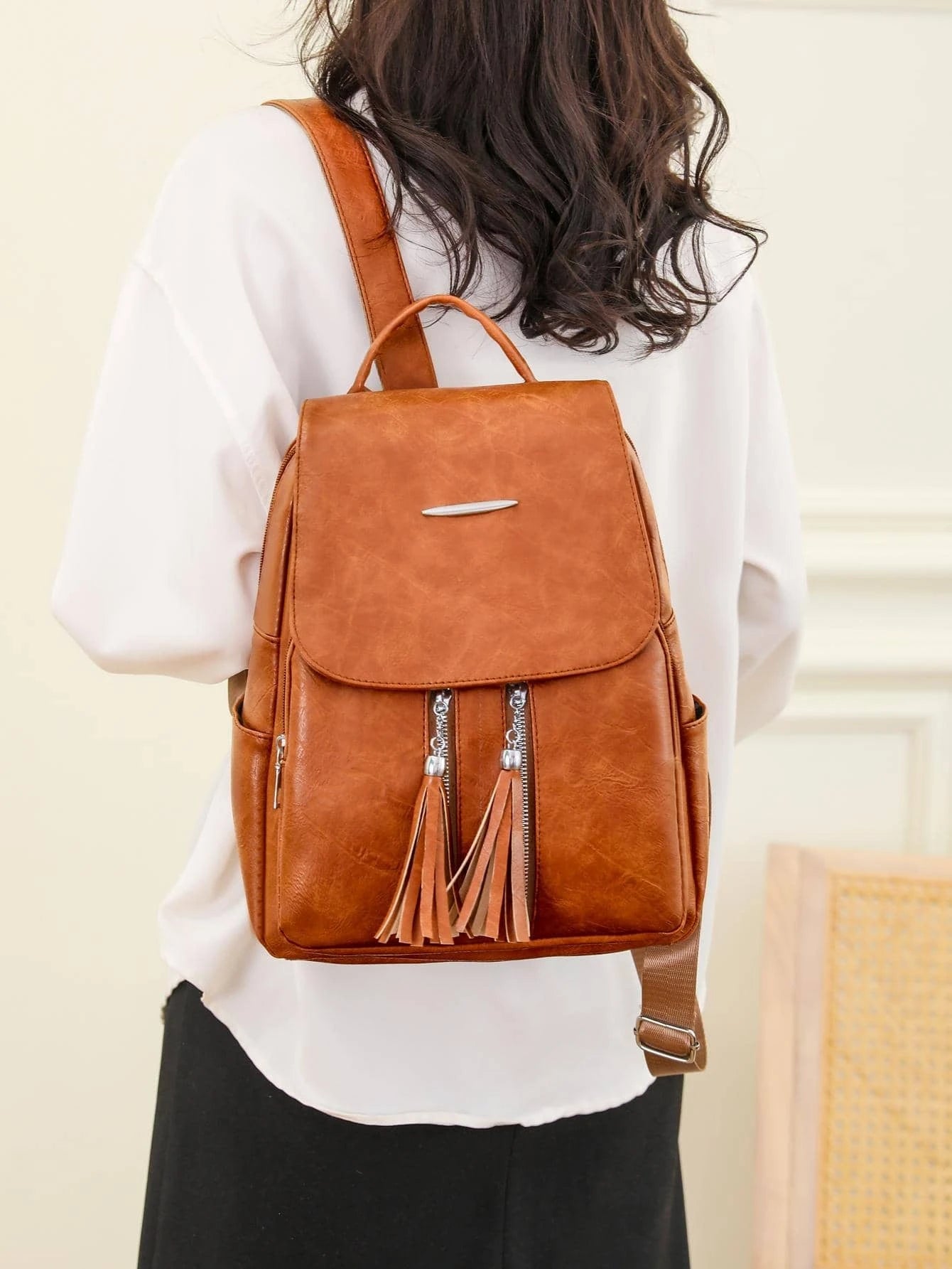 Tassel Flap Backpack | Mocha Brown Minimalist Carryall