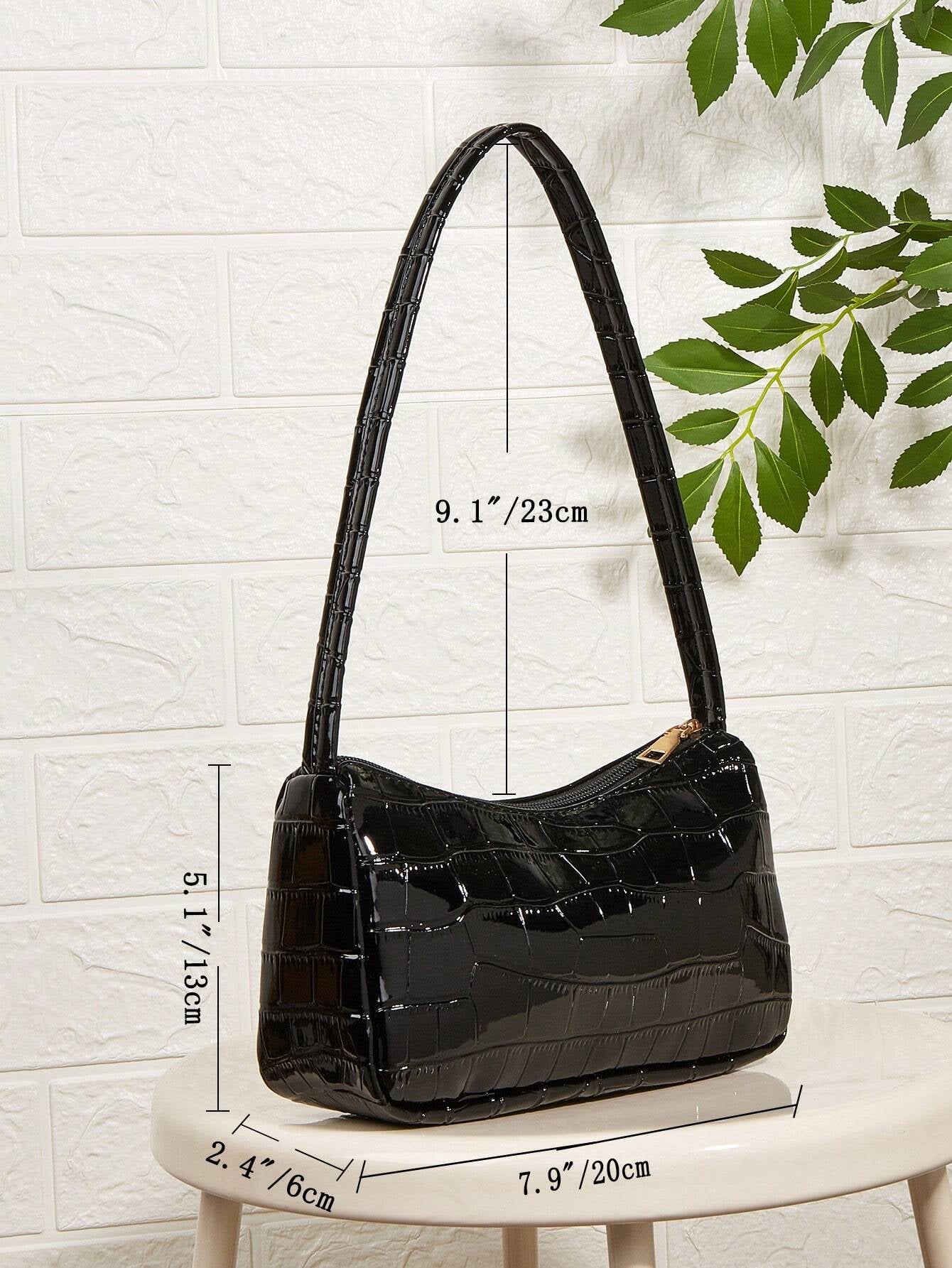 Textured Croc Mini | Black Gloss Shoulder Bag in Baguette Form