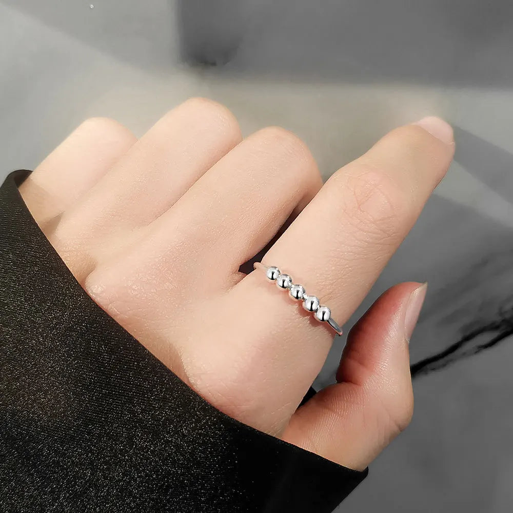 Sterling Silver Fidget Bead Ring – 925 Adjustable Glossy Open Band (5–10 Beads Options)