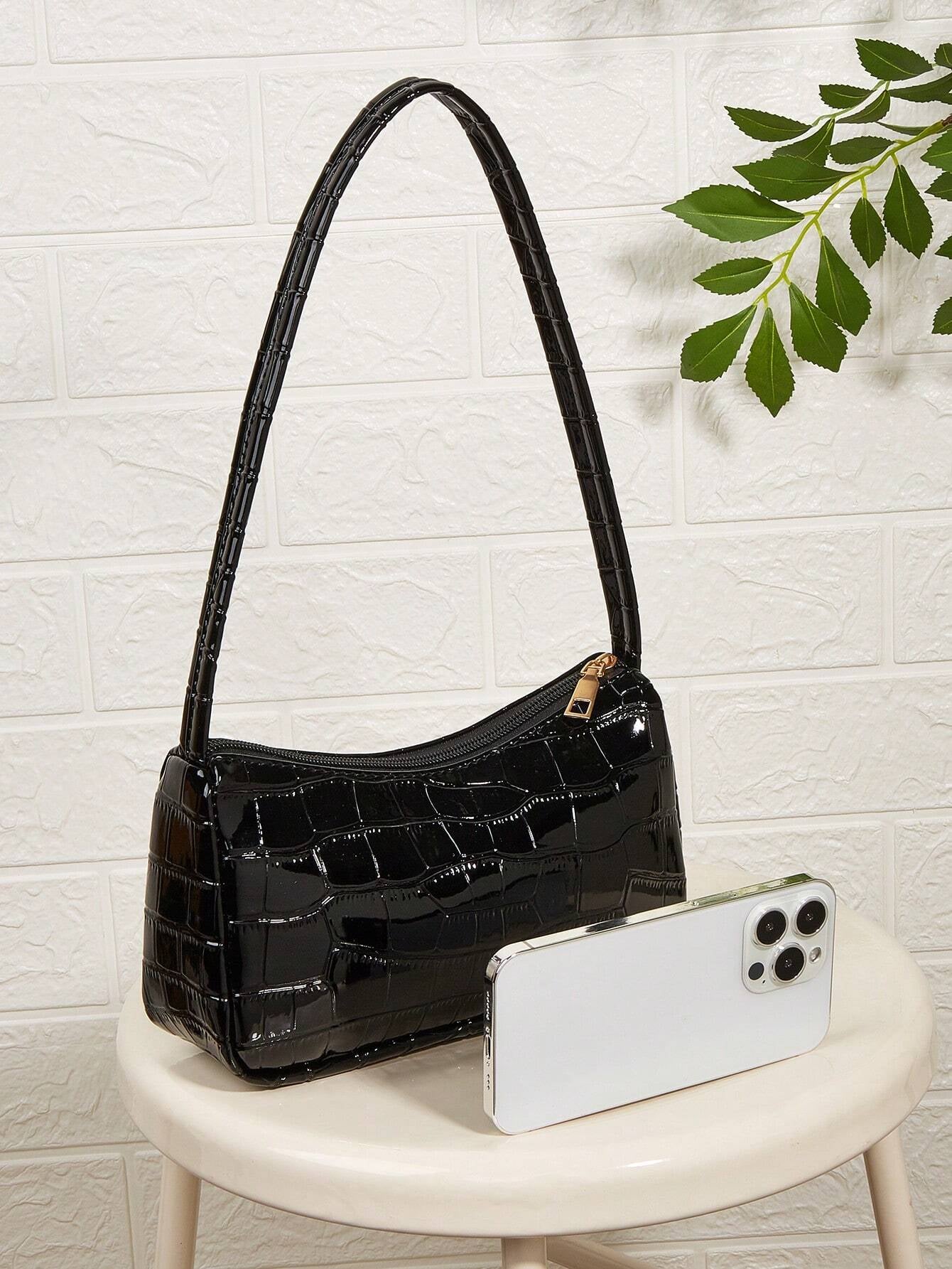 Textured Croc Mini | Black Gloss Shoulder Bag in Baguette Form