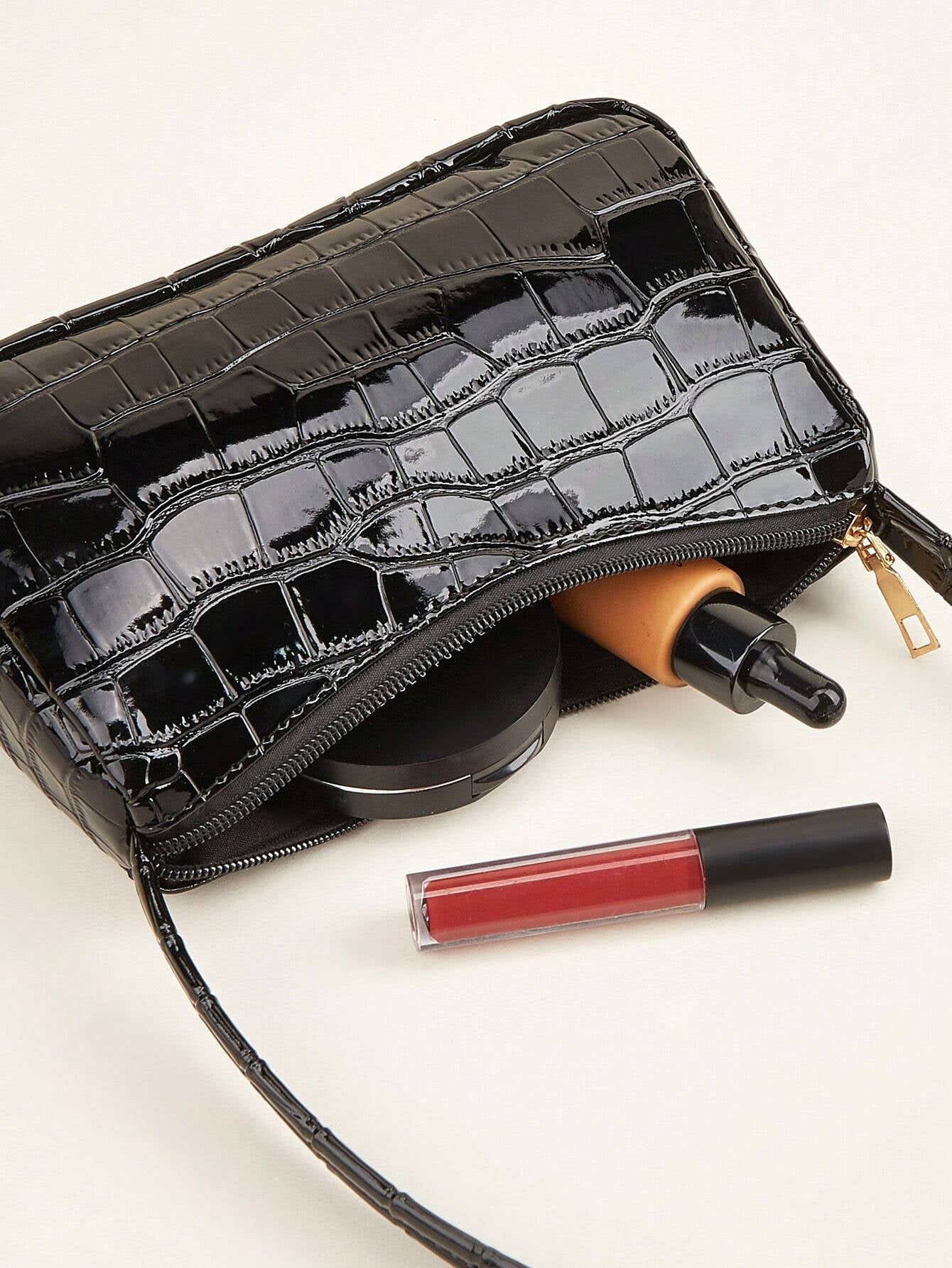 Textured Croc Mini | Black Gloss Shoulder Bag in Baguette Form