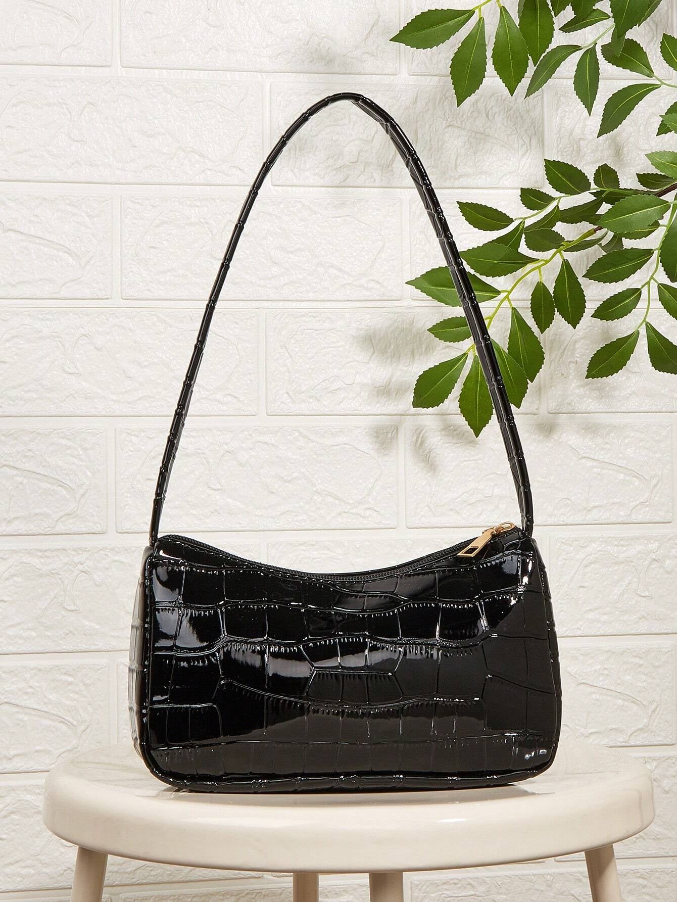 Textured Croc Mini | Black Gloss Shoulder Bag in Baguette Form
