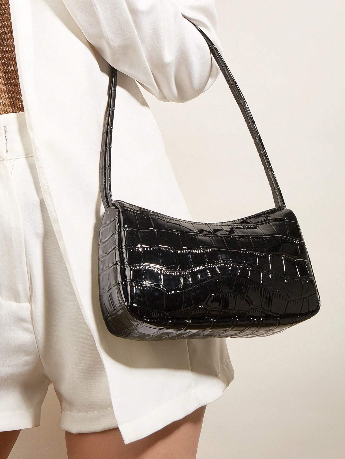 Textured Croc Mini | Black Gloss Shoulder Bag in Baguette Form
