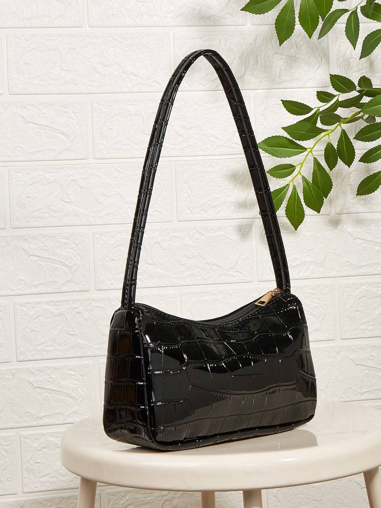 Textured Croc Mini | Black Gloss Shoulder Bag in Baguette Form