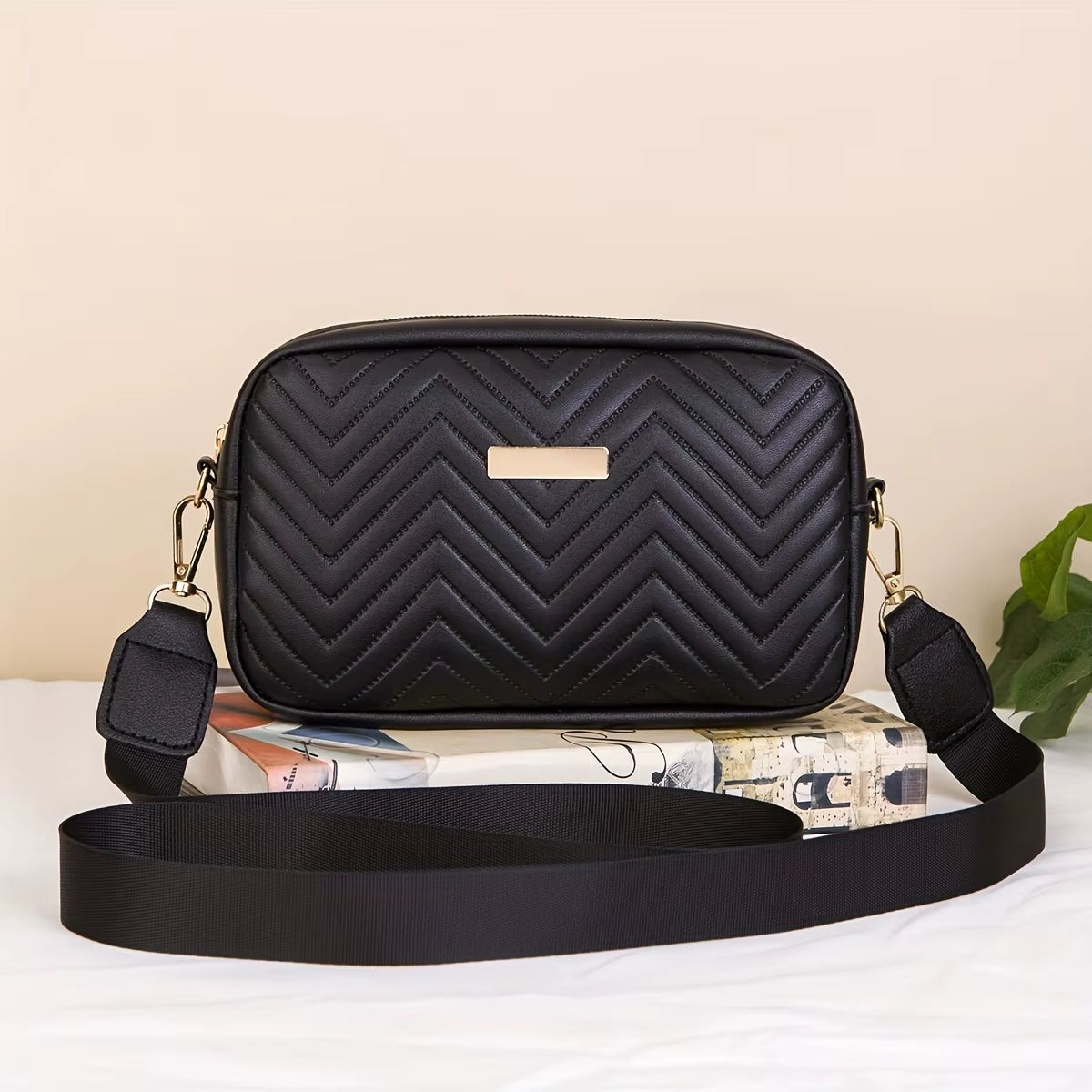 Minimalist Chevron Crossbody Wallet | Quilted PU Bag in Monochrome Duo