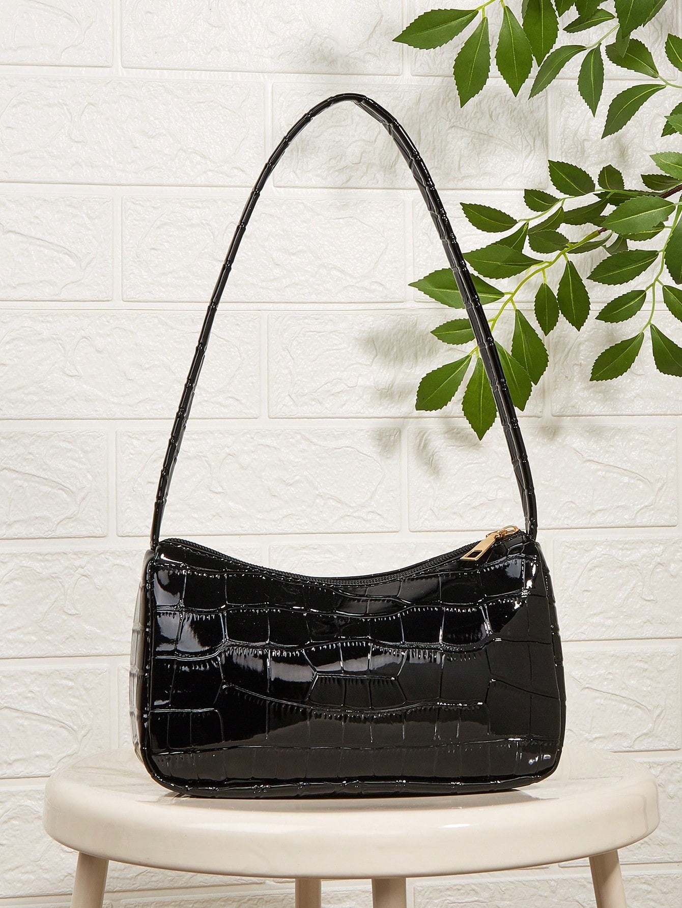Textured Croc Mini | Black Gloss Shoulder Bag in Baguette Form
