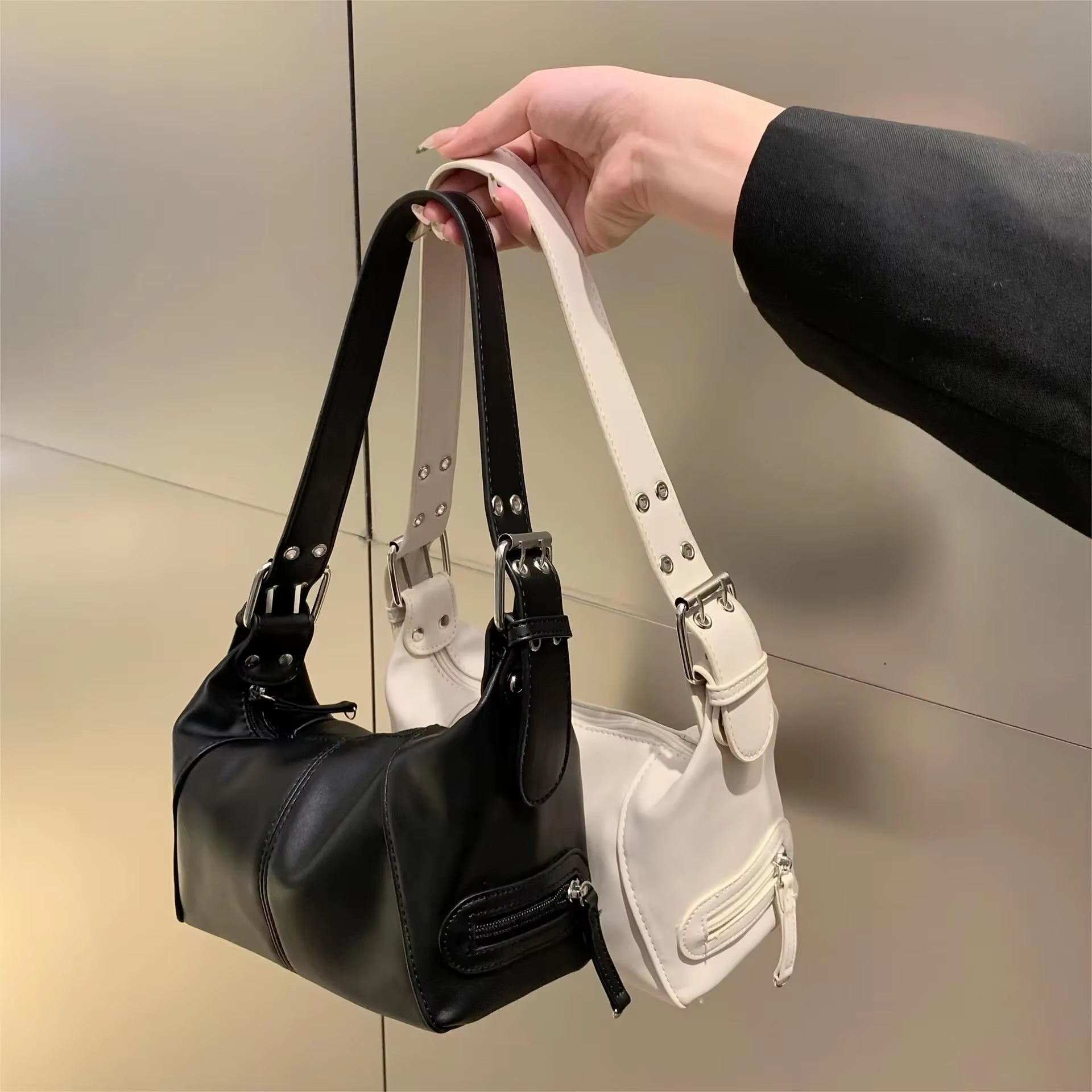 Midnight Arc | Wide Strap Crescent Shoulder Bag
