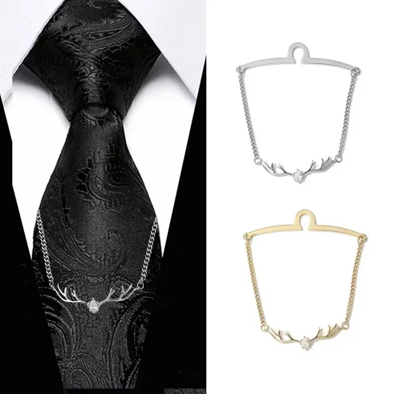 Antler Tassel Tie Pin – High-End Crystal Zircon Chain for Men (Gold / Silver)
