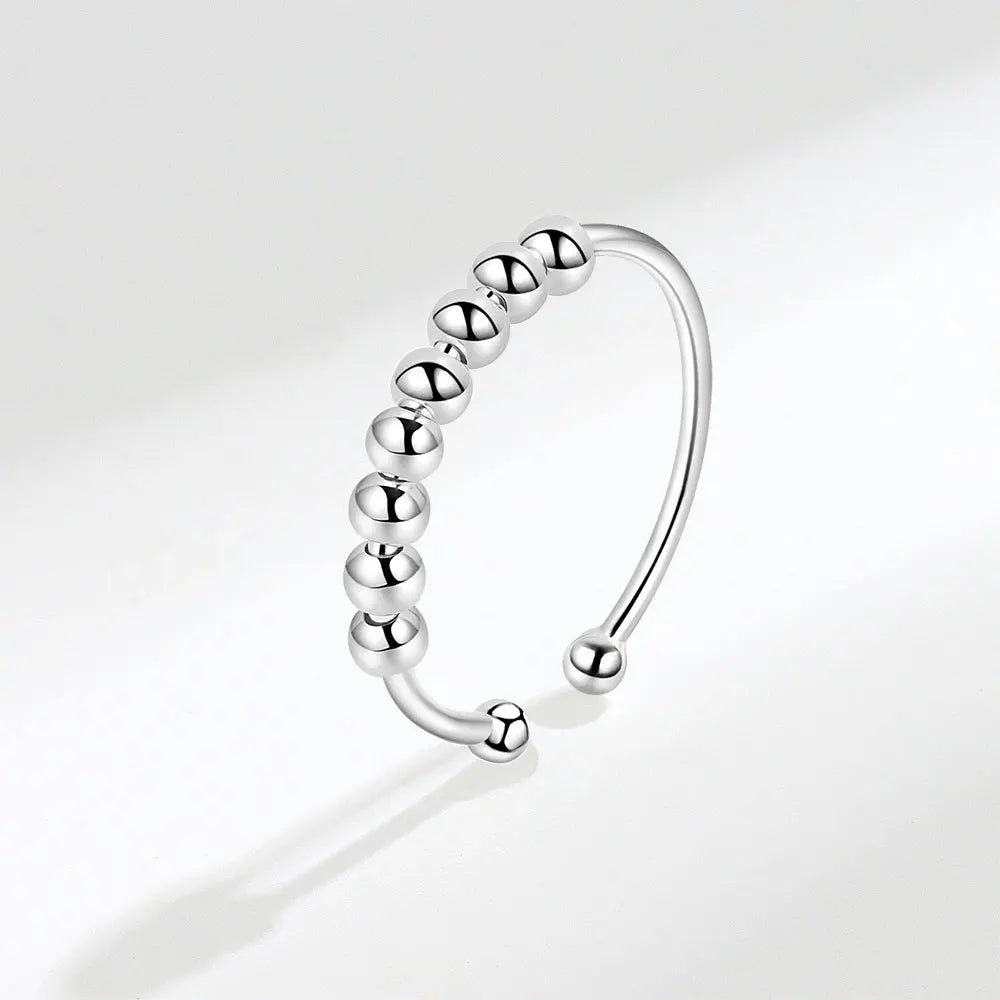 Sterling Silver Fidget Bead Ring – 925 Adjustable Glossy Open Band (5–10 Beads Options)