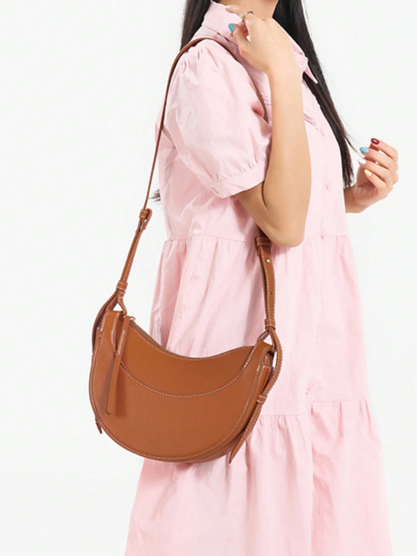 Crescent Arc | Minimalist Brown Saddle Crossbody